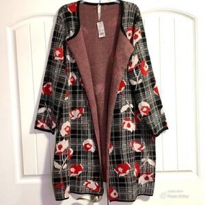 NWT NY Collection Black Plaid Floral Kimmi Cardigan 1X